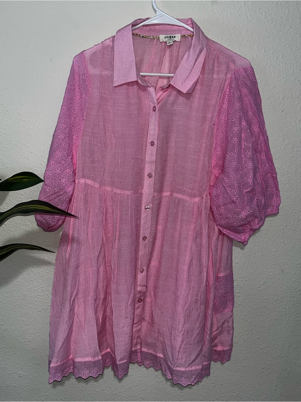 Umgee Pink Button-Down Eyelet Sleeve Casual Shirt